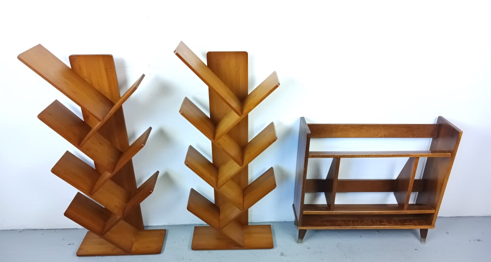 Group of Three Bookcases: Group of Three Bookcases. Pair of bookcases: 41 "h x 17"w x 7 1/2"d Condition: Some wear to edges, scratches and scuffs.