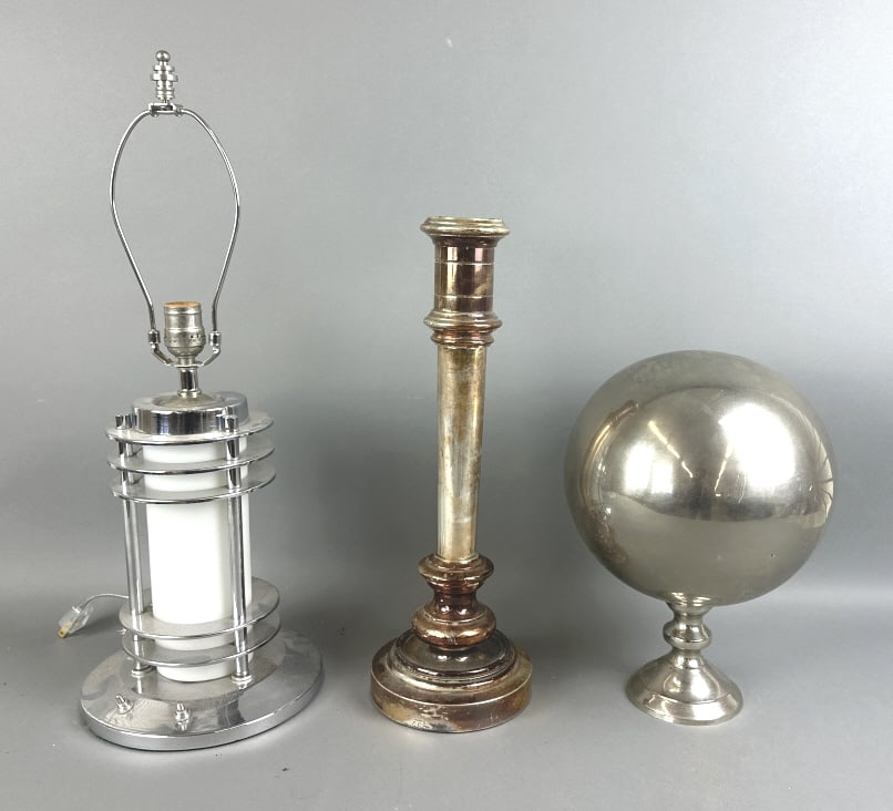 Ralph Lauren Lamp Base: Ralph Lamp Base together with table lamp and sphere on attached base. Ralph Lauren: 18 1/4 "h x 6 1/8" diam. Condition: Dent in sphere, all need cleaning or polishing and lamp untested.