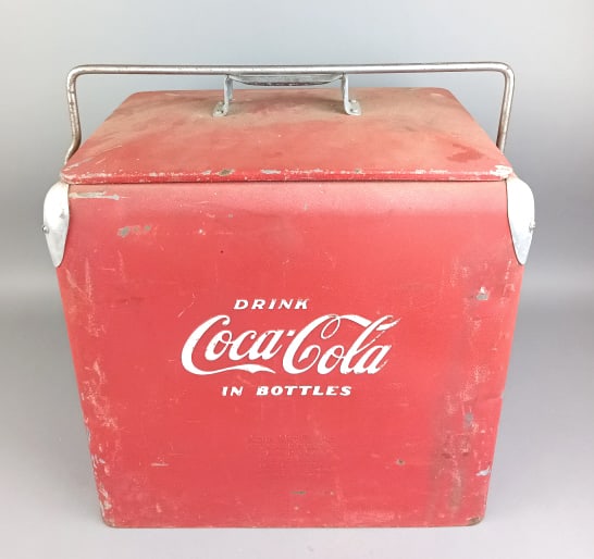 Coca-Cola Cooler: Coca-Cola Cooler . 20"h x 18"w x 11 1/2"d Condition: Overall wear, chipped paint and minor surface rust.