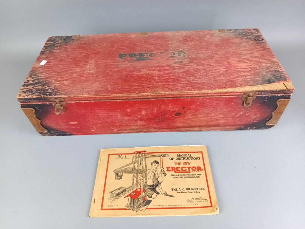 Erector Set in Case: Erector Set in Case. 6"h x 25"w x 11"d Condition: Overall wear to case and some loss of wood. As is, as found.