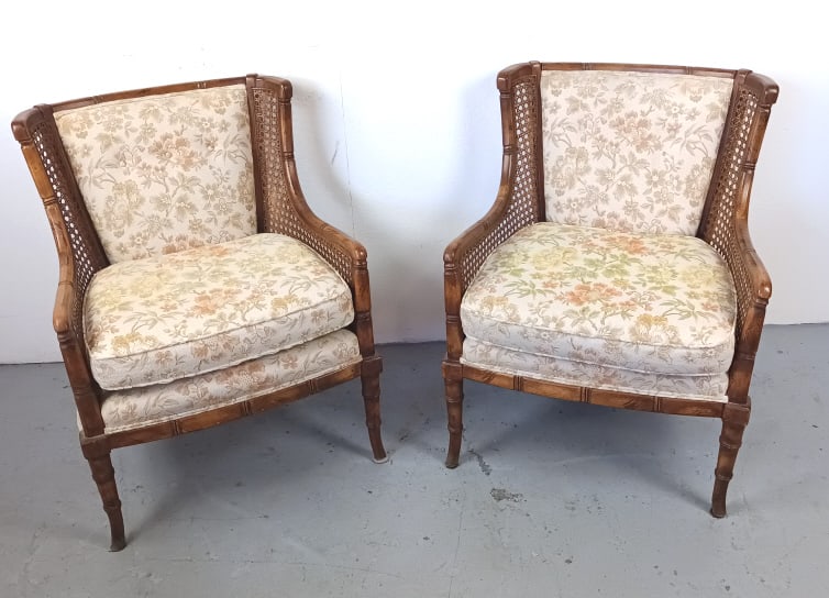 Pair of Faux Bamboo Armchairs: Pair of Faux Bamboo Armchairs. 34 1/4"h x 27"w x 28"d Condition: Some scratches and scuffs.