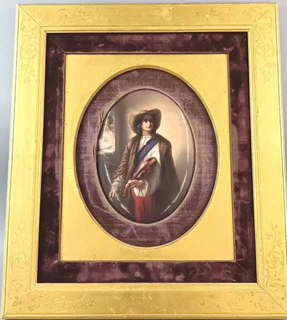 KPM Porcelain Plaque of Musician: KPM Porcelain Plaque of Musician. Sight: 8 3/4"h x 6 3/4"w Overall: 19 3/4"h x 17"w Condition: Overall wear to velvet inserts, scratches and scuffs to frame.