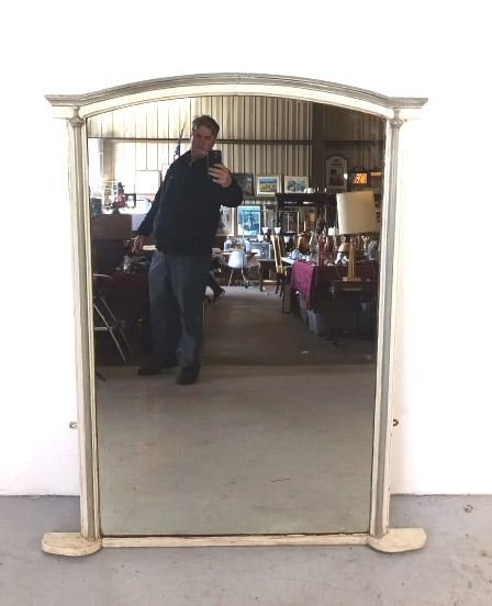 French Provincial White Mantel Mirror: French Provincial White Mantel Mirror. 55"h x 48"w Condition: Some wear to finish. Heavy old glass plate mirror.