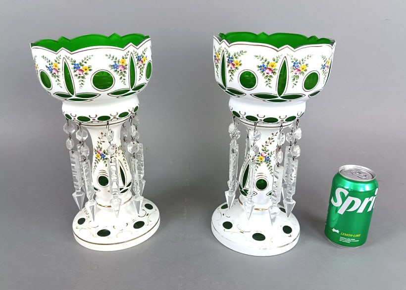 Pair of Mantle Luster's White Cut to Green: Pair of Mantle Luster's White Cut to Green. 12 1/4"h x 6 1/2"diam. Condition: Some loss of gilt.