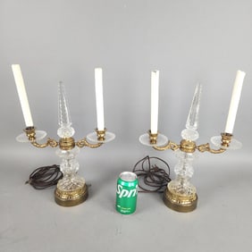 Pair of Crystal and Brass Candelabra Lamps