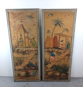 Pair of Asian Style Oil on Canvas Panels