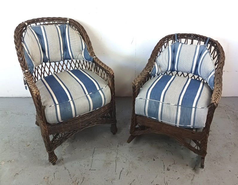 Wicker Rocker & Armchair: Wicker Rocker & Armchair Armchair: 35 1/2"h x 22 1/2"w x 30"d Condition: Some loose and broken wicker.