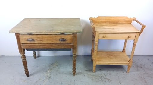 Pine Kitchen Table w/ Dough Bin & Pine Wash Stand