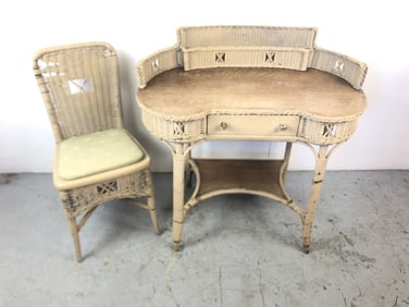 Kidney Shaped Wicker Desk and Chair