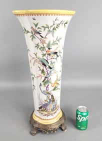 Porcelain Vase with Bird Motif & Brass Feet