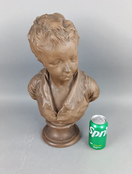 Plaster Bust of a Girl (Signed): Plaster Bust of a Girl (Signed). 18 1/2"h x 11 1/2"diam. Condition: Some loss of plaster to face and base, overall wear.