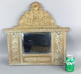 Baroque Style Brass Framed Mirror w/ Hat Hooks