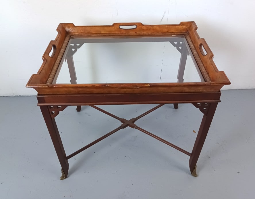 Butler's Tray on Stand w/ Beveled Glass: Butler's Tray on Stand with Beveled Glass. 27"h x 30"w x 22"d Condition: Some wear to edges.