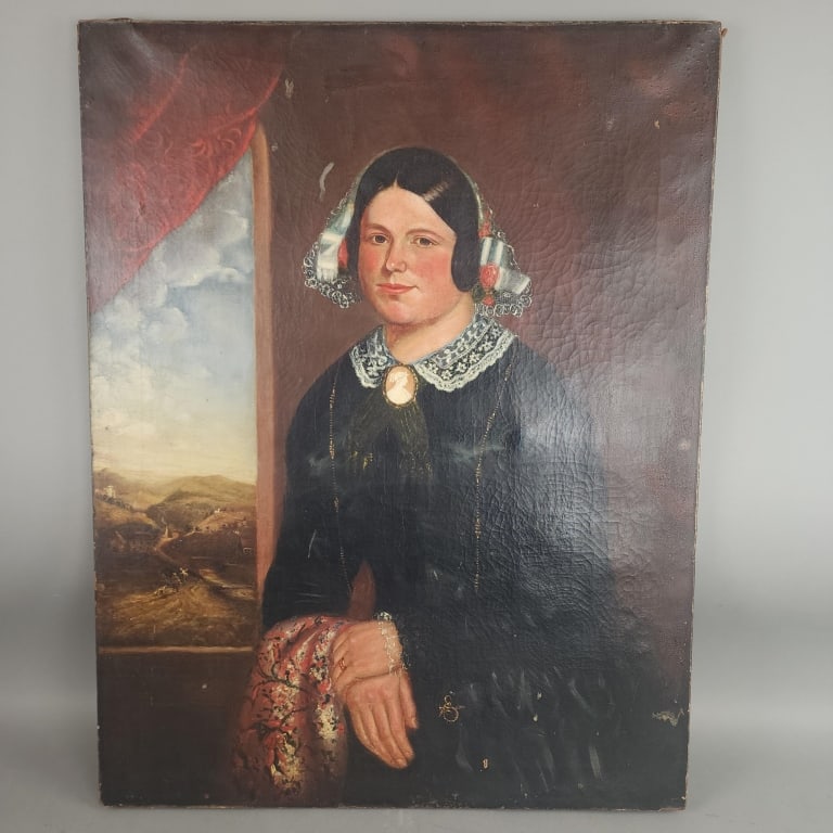 19th C. Lady in Victorian Dress Painting: 19th C. Lady in Victorian Dress Painting. Oil on Canvas, unsigned. 36 1/4"h x 28"w Condition: Wear to edges, repairs to canvas and craquelure.