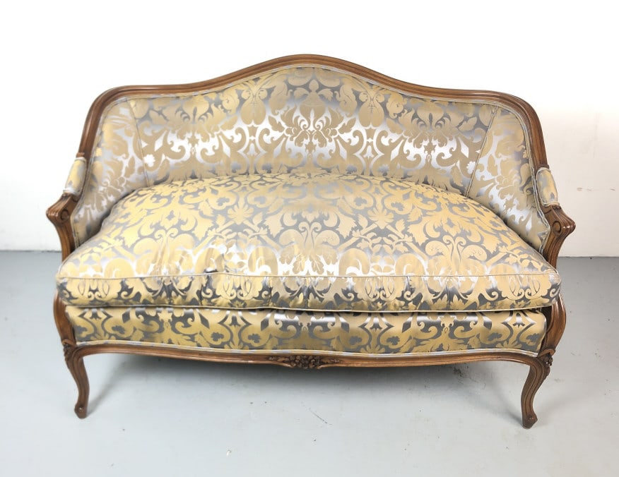 Louis XV Style Upholstered Loveseat: Louis XV Style Upholstered Loveseat. 33"h x 51"w x 29"d Condition: Some minor scratches and scuffs.