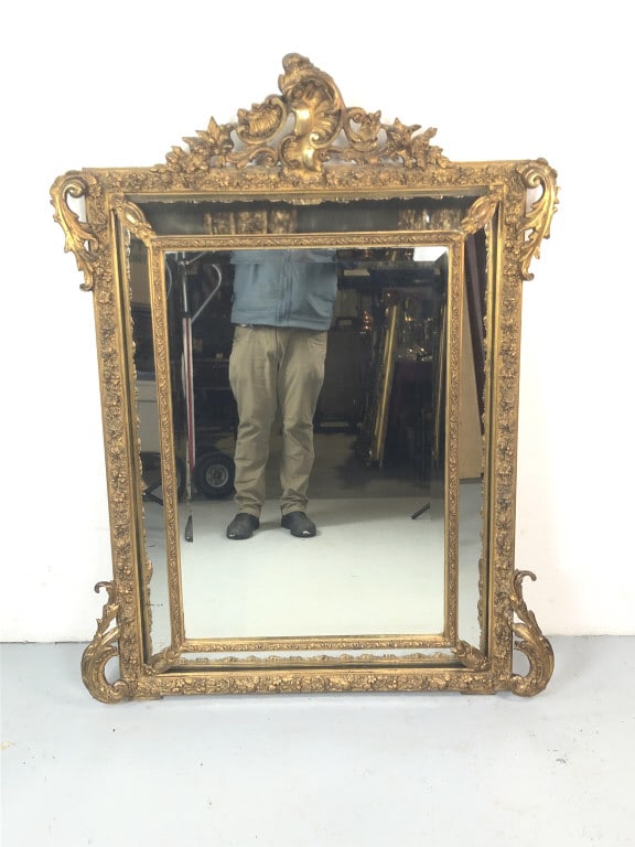 Louis XVI Style Giltwood & Gesso Cushion Mirror: Louis XVI Style Giltwood & Gesso Cushion Mirror. 53"h x 40"w Condition: Some cracks to gesso, some minor loss of silvering to mirror, needs cleaning.