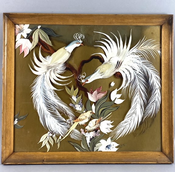 Reverse Painting on Glass of Birds "Webster 41": Reverse Painting on Glass of Birds "Webster 41". Signed (LR). Sight: 11 1/2"h x 27 1/2"w Condition: Some water damage to background.
