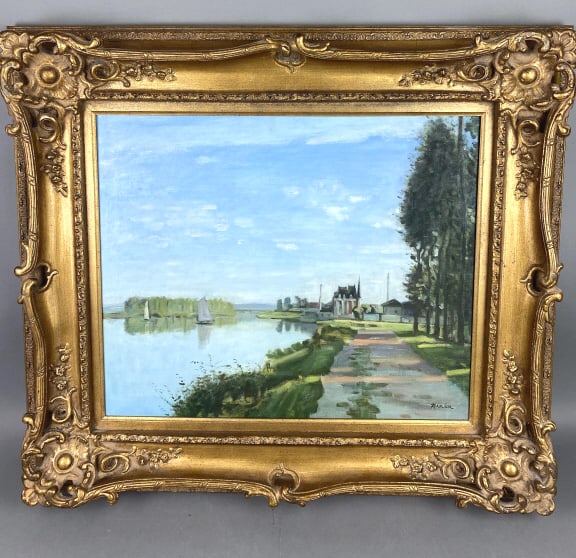 Signed Marier French River Scene: Signed Marier French River Scene. Oil on canvas, signed (lr). Sight: 19"h x 23"w Condition: Good.