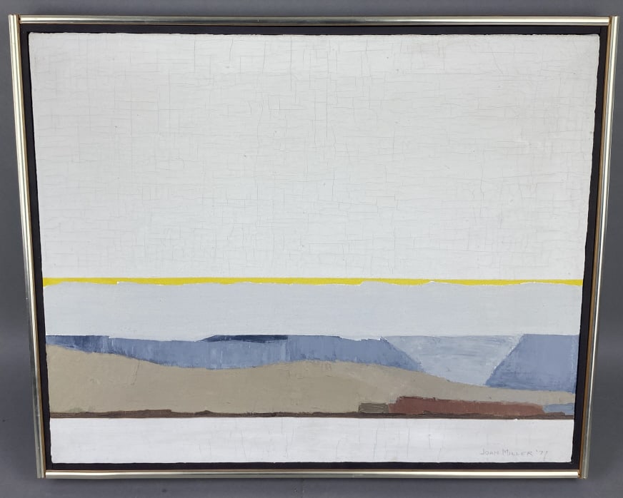 Joan Miller 'Sea Shade' Painting: Joan Miller 'Sea Shade' painting. Oil on canvas, signed (lr). Sight: 16"h x 20"w Condition: Some craquelure.