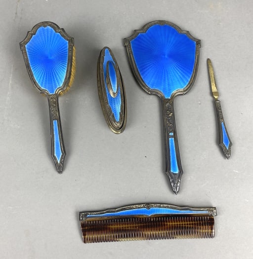 Sterling Blue Guilloche Enamel 5-Piece Vanity Set (1 of 5)