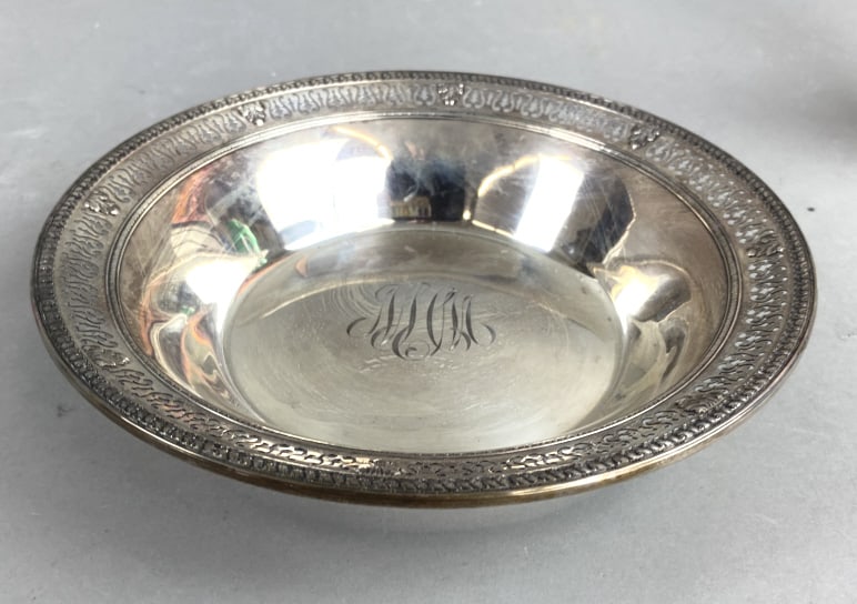 Sterling Silver Pierced Rim Bowl: Sterling Silver Pierced Rim Bowl. Approx. 7 1/2 ounces. 2"h x 9"d Condition: Monogrammed.