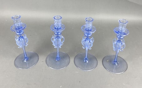4 Blue Venetian Murano Glass Candlesticks