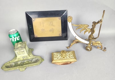 4 Bronze Articles-Scale, Ink Well, Plaque, Blotter