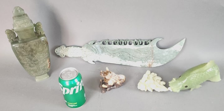 Group of Items Urn, Rhino, Fish, & Sword: Group of Items Urn, Rhino, Fish, & Sword. Condition: Fish chipped & broken water coming from mouth, chipped sword.
