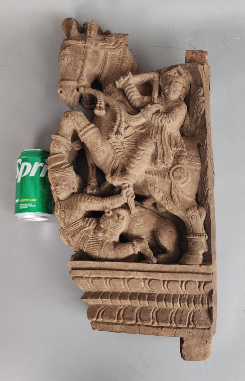 Architectural Carved Wood Hindu God on Horse: Architectural Carved Wood Hindu God on Horse with Goddess and Foo Dog. 24"h x 11"w x 4"d Condition: Some cracks, scratches and scuffs.