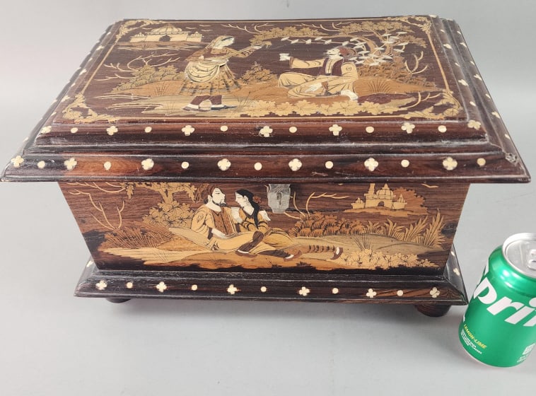 Vintage Inlaid Marquetry Rosewood Box: Vintage Hindu Indian Punjab Inlaid Marquetry Rosewood & Bone Box. 8 3/4"h x 16"w x 11 1/2"d Condition: Some dislodged inlay, 1 missing bone clover leaf & some cracked wood.