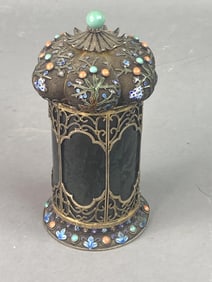 Chinese Green Filigree Enamel Cylindrical Box