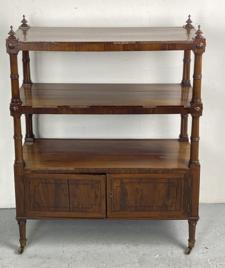 Regency Rosewood Etagere: Regency Rosewood Etagere. 45"h x 34 1/2"w x 12 1/2"d Condition: Some veneer loss, cracks, scratches.