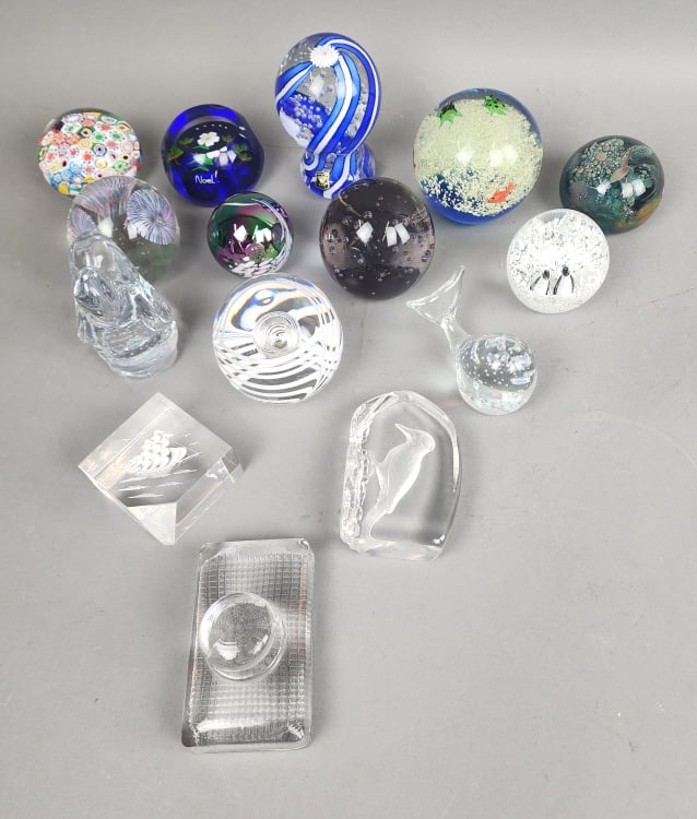 Lot of Paperweights & Other Items: 15 Paperweights & Other Items. Lorenzo plexiglass ship, Studio Ahus, Murano, Golden Crown E&R Italy, Balos Glass and others. Tallest: 4 3/4"hCondition: Some scuffs on bottoms.