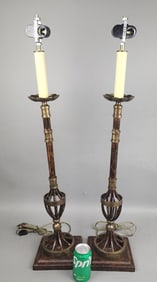 Pair of Brass & Bronze Patina Candlestick Lamps