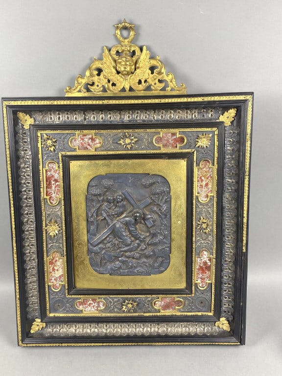 Framed Station of The Cross: Framed Station of The Cross. Frame adorned with bronze, silver mounts and marble inserts.. Provenance: The Estate of Cardinal, Archbishop Francis Spellman of NY, given tohim by Prince Rainier & Prince