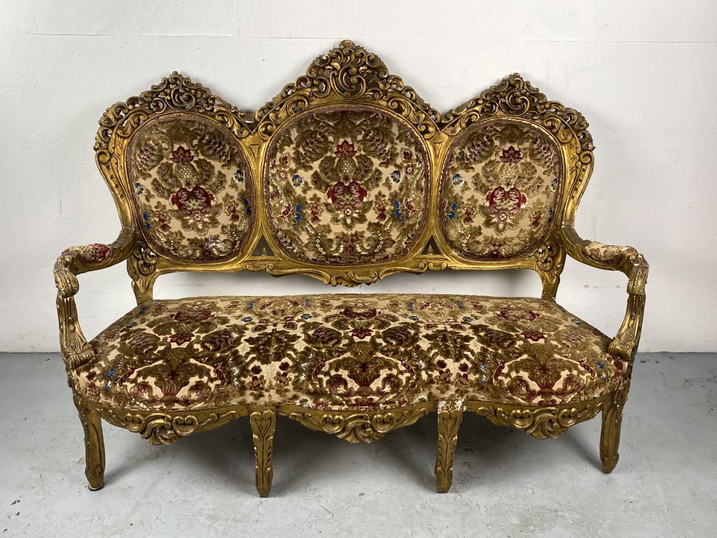 Louis XVl Style Giltwood Settee: Louis XVl Style Giltwood Settee. 48"h x 67"w x 30"d. Condition: Some chipped gilt, some stains to fabric on back