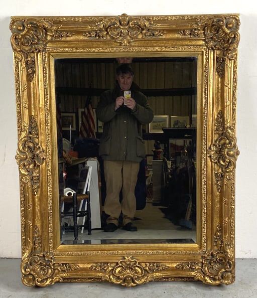 Ornate Gilt Frame & Bevel Glass Mirror: Ornate Gilt Frame & Bevel Glass Mirror. 56"h x 45 1/4"w. Condition: Some minor scratches and scuffs