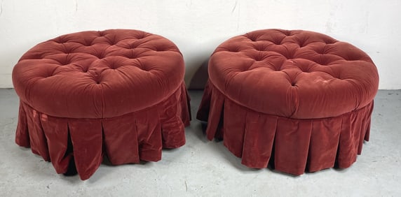 Pair of Red Velvet Circular Ottoman