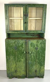 19th C. Green painted Stepback Cupboard