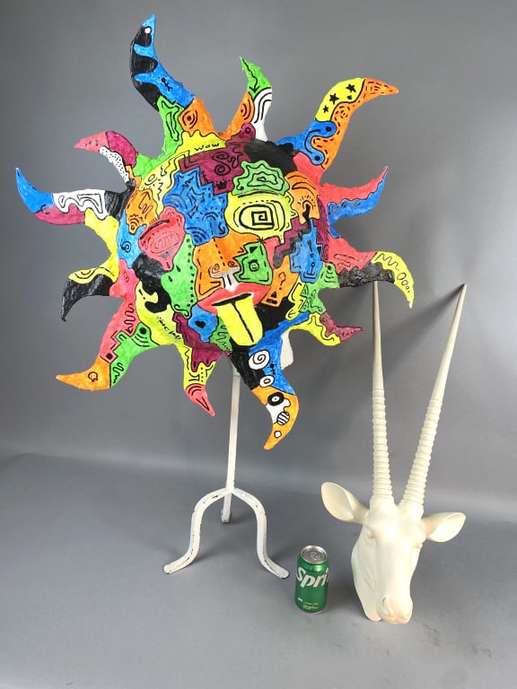 Hand Painted Pop Art Sun & Oryx Composite Mount: Hand Painted Pop Art Sun & Oryx (Antelope) Composite Mount. Paper mache sun.. Sun with stand: 42 1/2"h Condition: Good.
