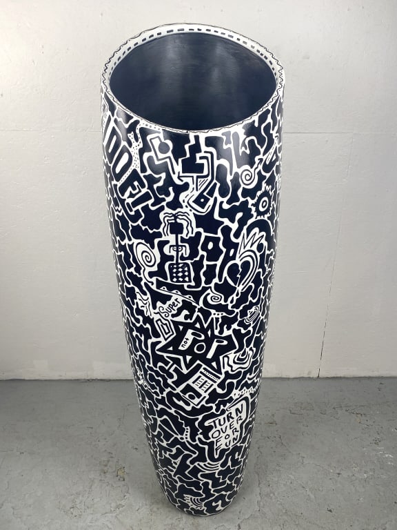 Composition Erotic Pop Art Hand Painted Floor Vase: Composition Erotic Pop Art Hand Painted fiberglass Floor Vase. 62"h x 18 1/2"w x 17 3/4"d Condition: Good.
