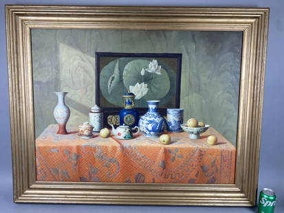 Chinese Pottery & Fruit Painting: Chinese Pottery & Fruit Painting. Oil on canvas, signed (lr). Sight: 29 1/2"h x 39 1/2"w Condition: Small chip in painting, scratches and scuffs to frame.