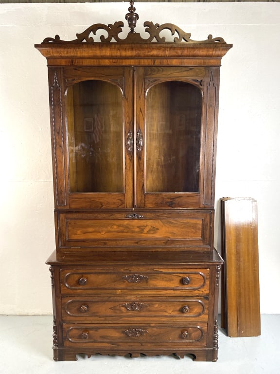 19th C. Rosewood Secretarial Bookcase: 19th C. Rosewood Secretarial Bookcase. To top of finial: 97"h x 48"w x 21"d Condition: Some scratches, scuffs, and overall wear. Wooded slats for shelves are missing.