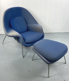 Blue Upholstered Womb Chair and Ottoman