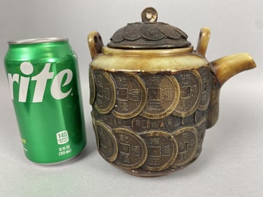 Antique Chinese Bronze Coin & Jade Teapot