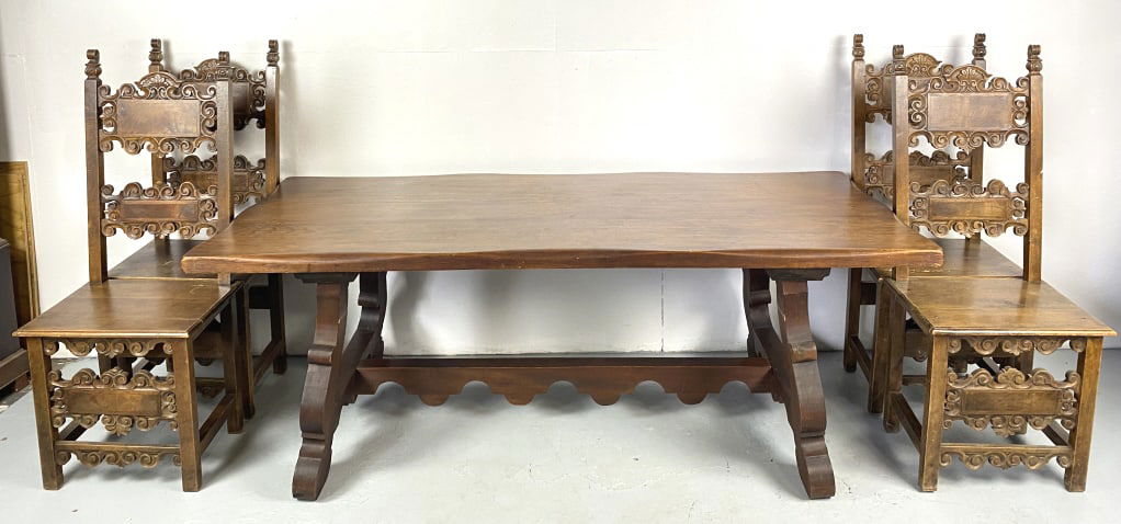Set of Four Antique Italian Side Chairs: Set of Four Antique Italian Side Chairs Together with Spanish Dining Table Chairs 50 1/2"h x 20"w x 15"d Table 30"h x 82 3/4"w x35 1/2"d Condition: Some wear to finish, scratches and scuffs