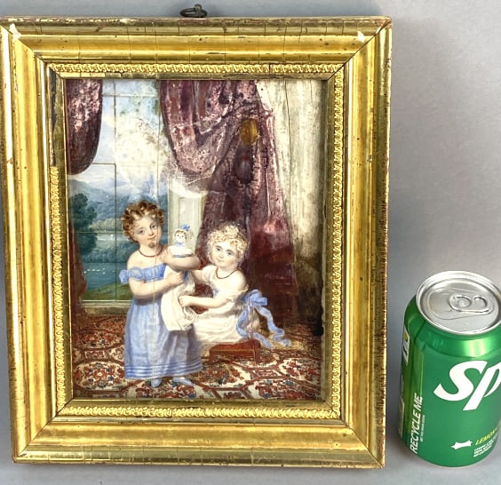 19th C. Portrait of 2 Girls with Doll Oil on Bone: 19th C. Portrait of 2 Girls with Doll Oil on Bone. Unsigned. Sight: 8"h x 6 1/4"w Condition: Some cracks in bone, some loss ofpaint, scratches and scuffs to frame.