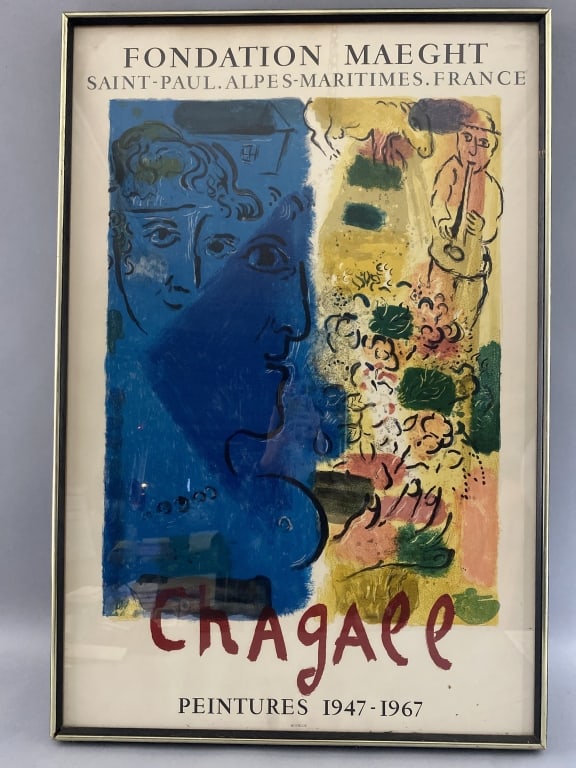 Chagall 1967 Fondation Maeght Gallery Poster: Chagall 1967 Fondation Maeght Gallery Poster. Written on back in pencil, see picture. 35"h x 23 1/2"w Condition: Some debris under glass, Taped back in frame.
