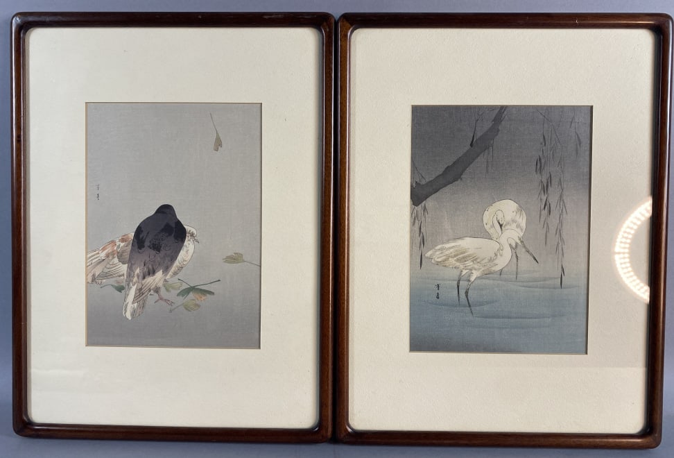 2 Watanabe Seitei Woodblock Prints: 2 Watanabe Seitei Woodblock Prints "Pigeons" and "Egrets in a pond". Kabutoya Galleries sticker on verso. Sight: 9 1/2"h x 7"w Condition: Good.