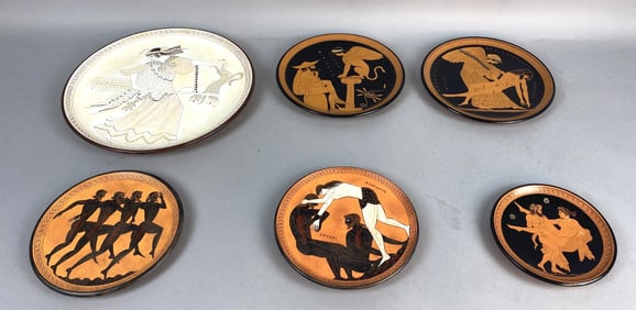 Group of 6 Greek Hand Painted Pottery Plates